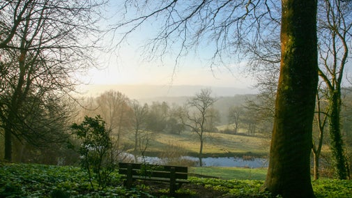 A winter view of the Ozelworth valley with a bench at Newark Park, Gloucestershire.